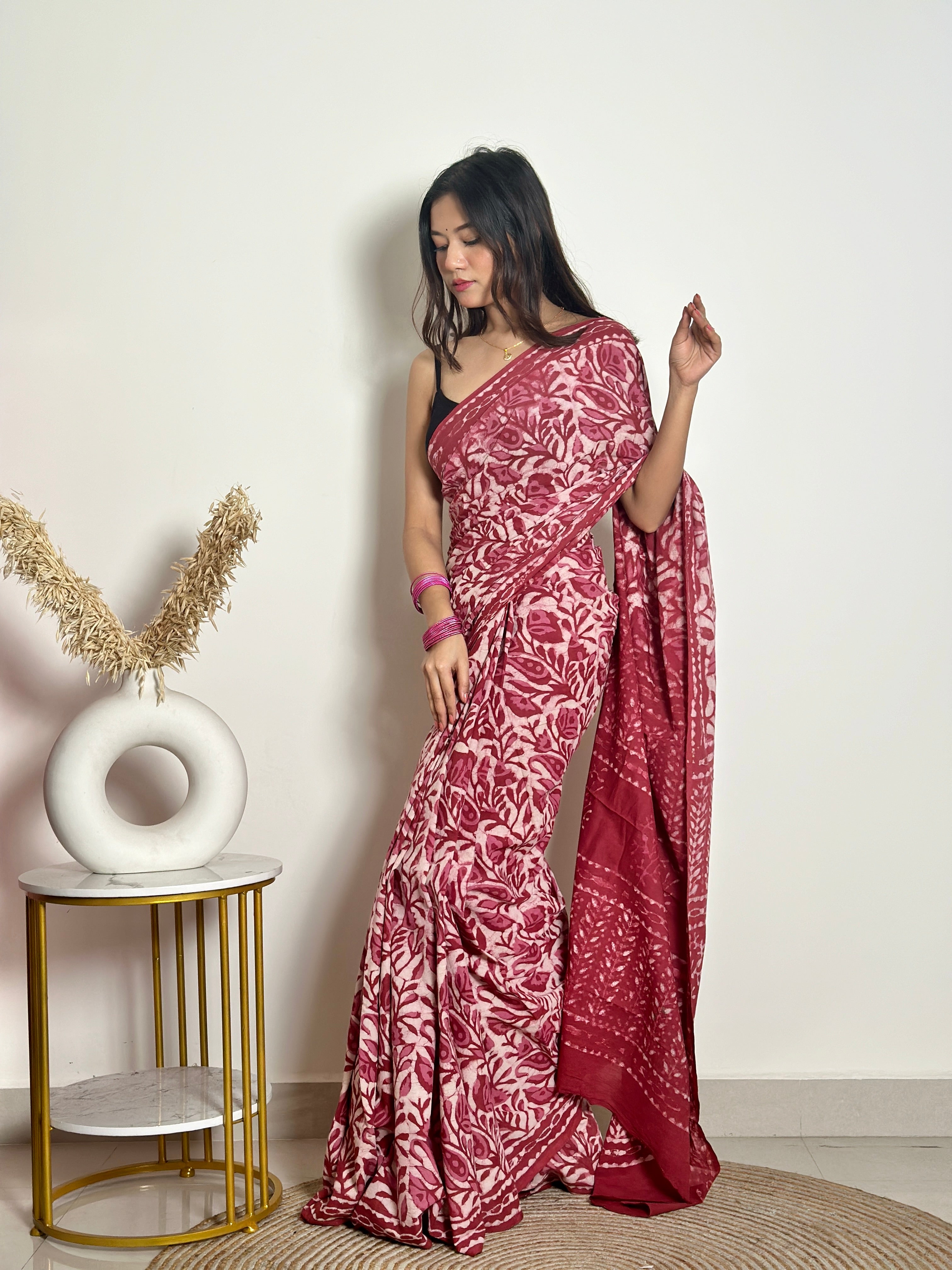 Bougainvillea - Cotton Mulmul - Handblock Dabu Saree